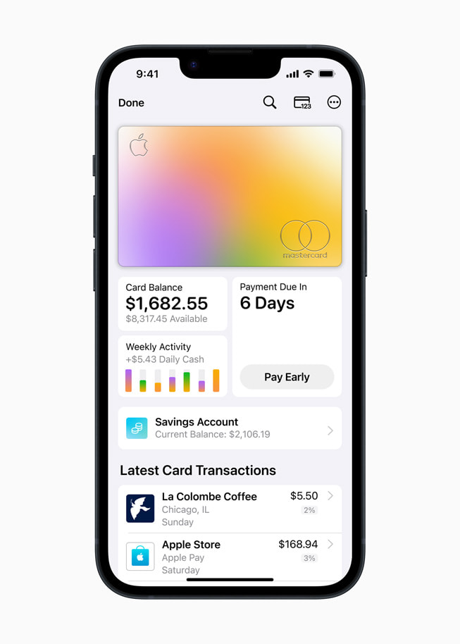 A user’s Apple Card and Savings are shown in Wallet.