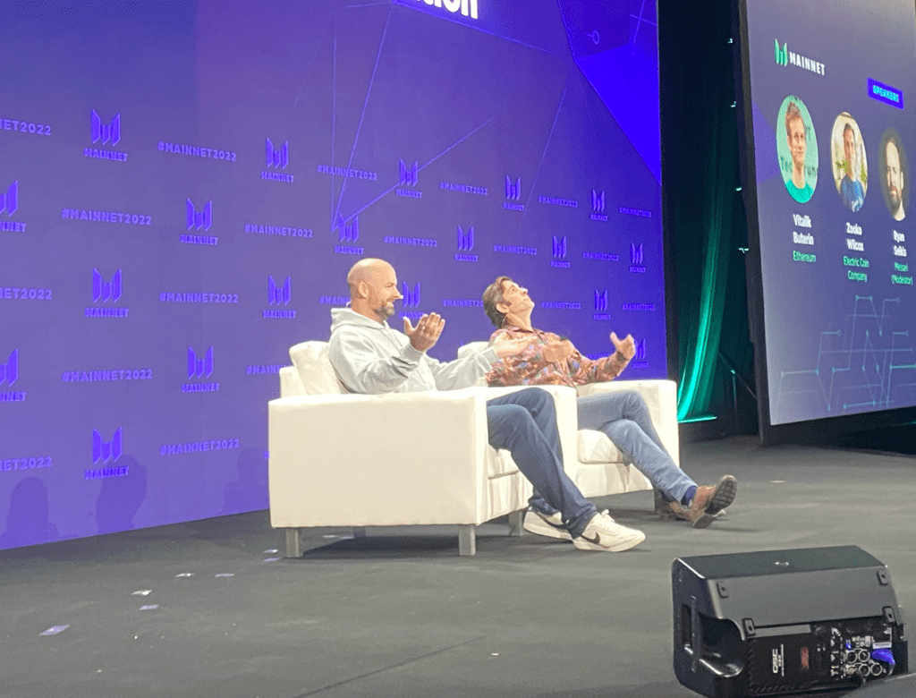 Ryan Selkis from Messari (left) and Zuko Wilcox, founder of ZCash, on the Mainnet stage on September 23, 2022