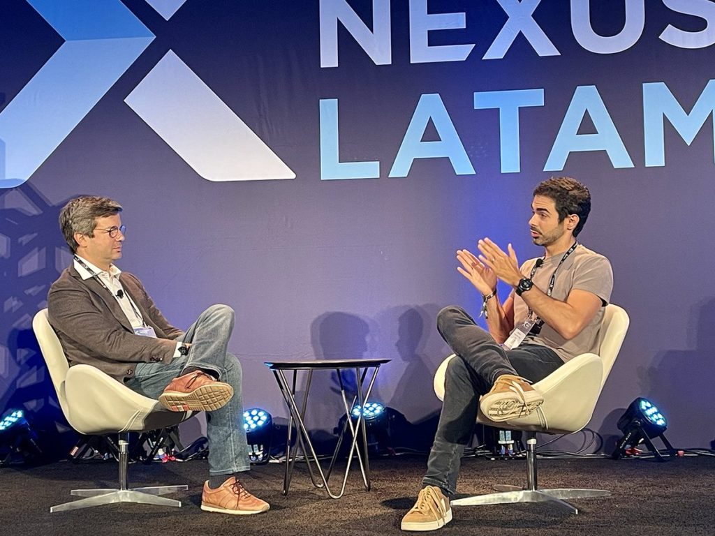 Carlos Medeiros, VR Investments, left, interviews Santiago Suarez, Addi, on the BNPL, Payments, and the future of commerce in LatAm session on the keynote stage