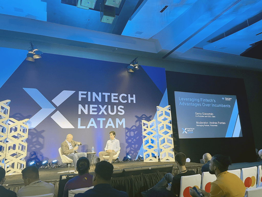 Andres Fontao, Finnovista, left, chats with Gerry Giacoman of Clara at Fintech Nexus LatAm 2022 in Miami on Dec. 13, 2022.